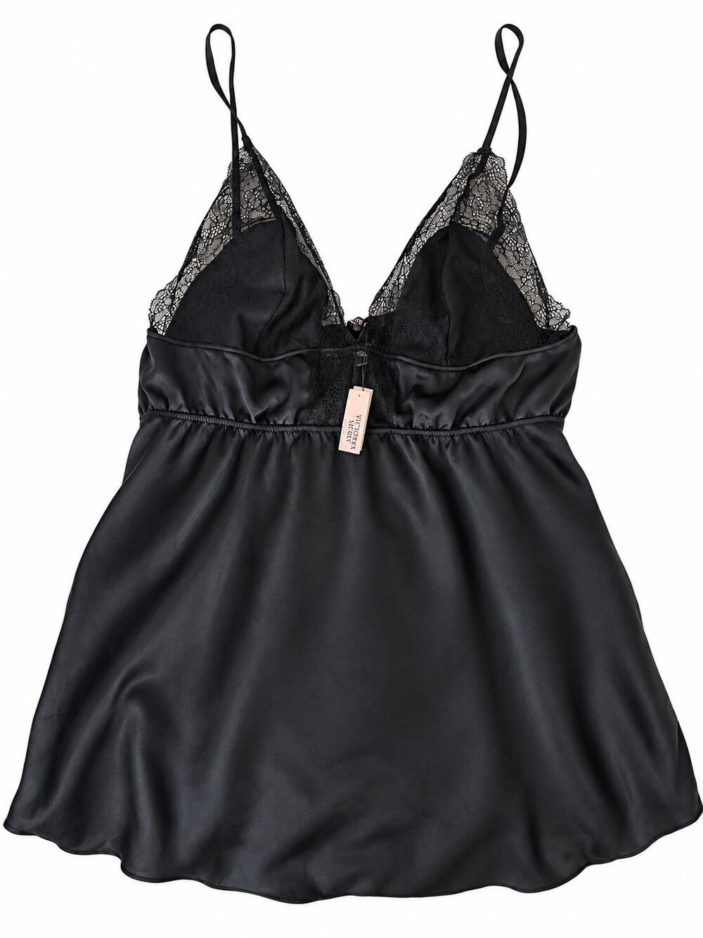 Victoria's Secret Black Satin Lace Trim Babydoll Slip Lingerie Size Large